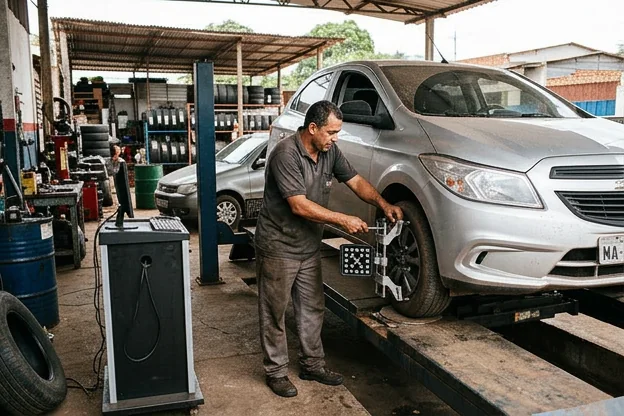Mecânico ajustando alinhamento de rodas em borracharia em Açailândia