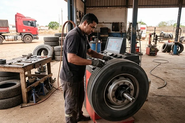 Processo de balanceamento de rodas em borracharia em Açailândia